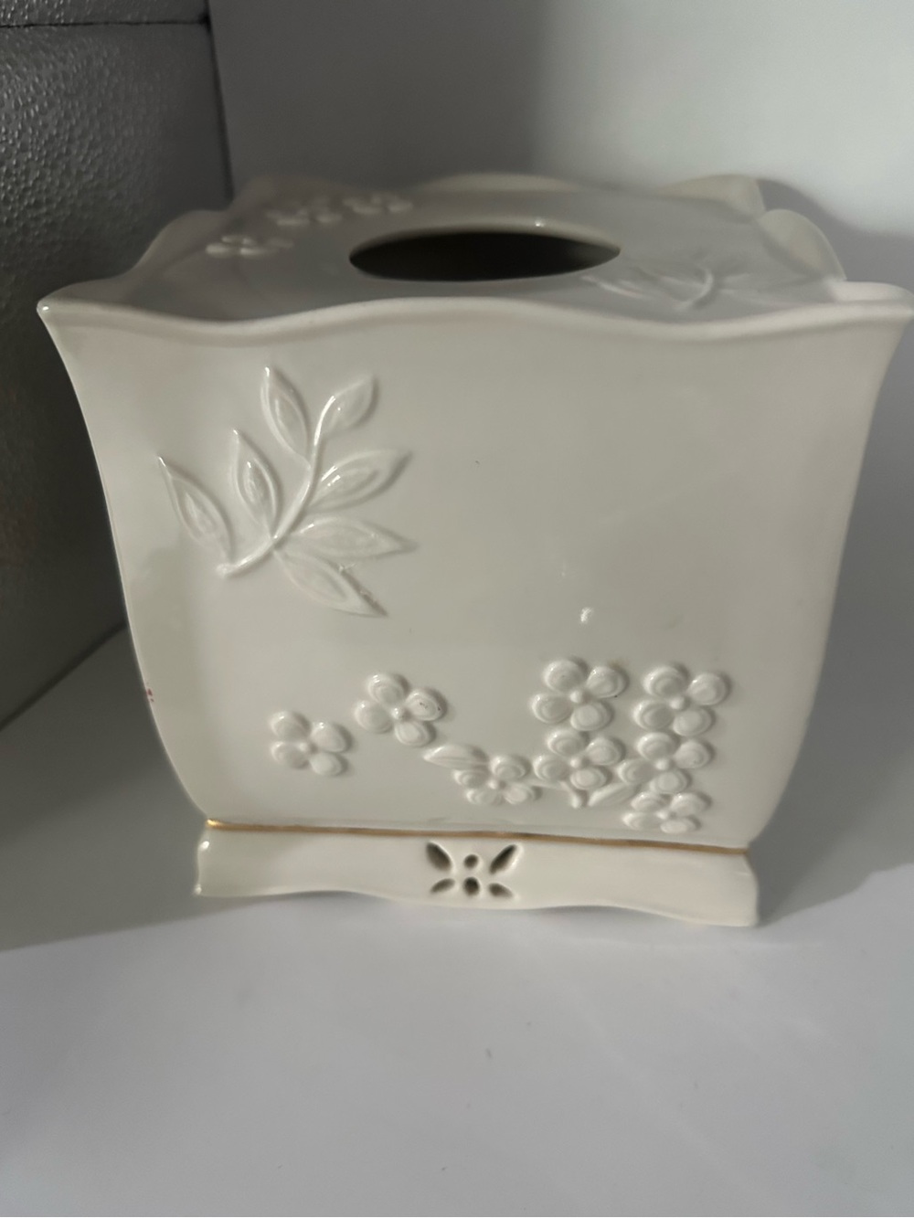 White Ceramic Floral Tissue Box with gold accent